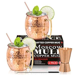 Benicci Moscow Mule Copper Mugs – Set of 2, 100% HANDCRAFTED – Food Safe Pure Solid Copper Mugs – 16 oz Gift Set with Premium Quality Cocktail Copper Straws, Straw Cleaning Brush and Jigger!