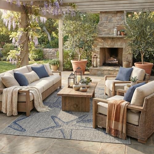 LR Home 5x7 Indoor/Outdoor Area Rug for Home Decor | Coastal Starfish Carpet for Living Room, Bedroom, Playroom, Patio, Garden | Modern Farmhouse Rug | Gray/Navy Blue