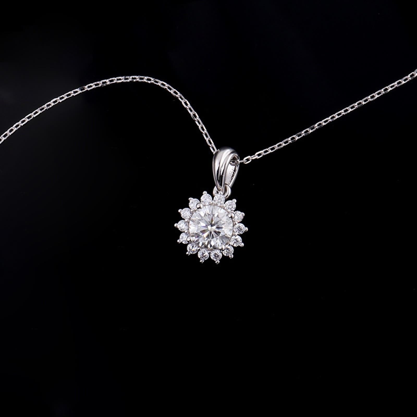 Halskette aus 9-karätigem/14-karätigem/18-karätigem Weißgold für Damen, 1 Karat Moissanit-Sonnenblumen-Edelstein-Anhänger, Schmuckkette, Länge 45,7 cm