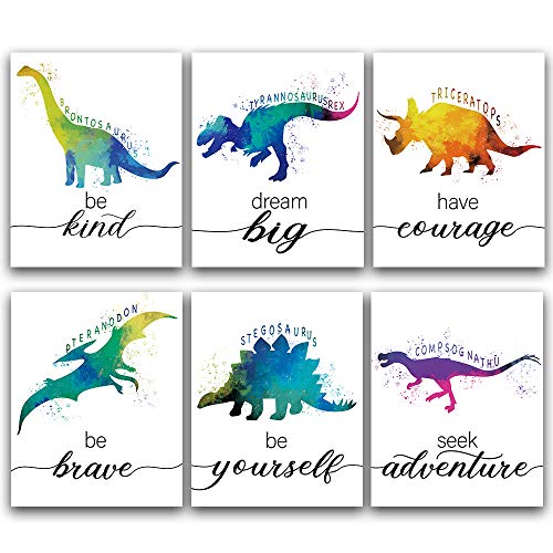 SUUURA-OO Dinosaur Bedroom Cool Watercolor Inspirational Words Woodland Art Prints Set of 6 (8”X10”), lovely Roar Name Word Wall Art Poster for Nursery, Boys, Son, Kids Room Home Decor, No Frame
