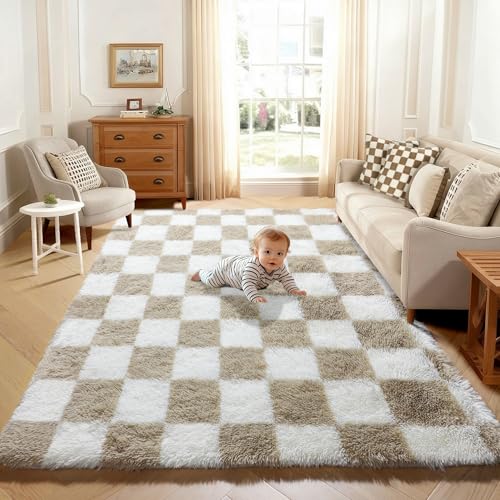Image of KICMOR 5x7 Beige and Cream White Area Rugs Fluffy Living Room Carpet, Large Fuzzy Checkered Shag Rug for Bedroom Aesthetic, Soft Plush Shaggy Rug for Kids Girls Boys Nursery Room Playroom Home Decor