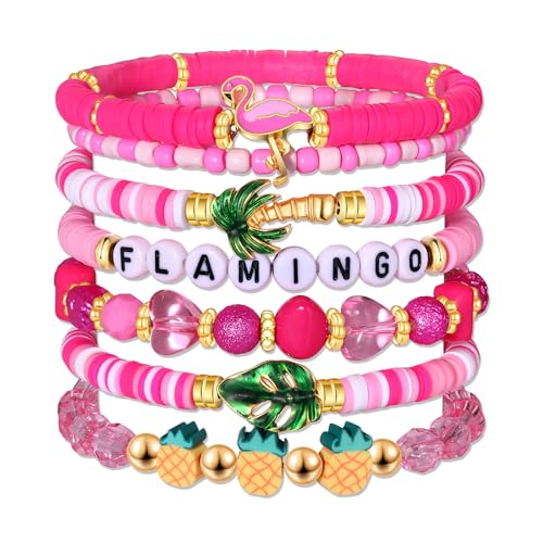 Flamingo Bracelets for Women Pink Flamingo Heishi Clay Beaded Stretch Bracelets Stackable Animal Tropical Bird Elastic Layering Friendship Bracelets Fun Summer Beach Vacation Jewelry