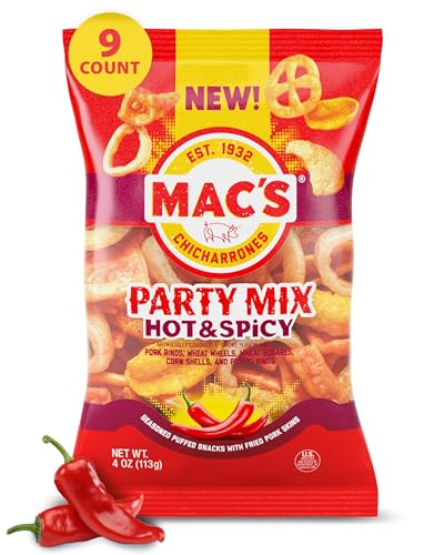 Mac's Hot & Spicy Pork Skins Party Mix - Hot & Spicy Flavored Chicharrones Pork Rinds - Party Snack - 4oz (9-Pack Party Mix)