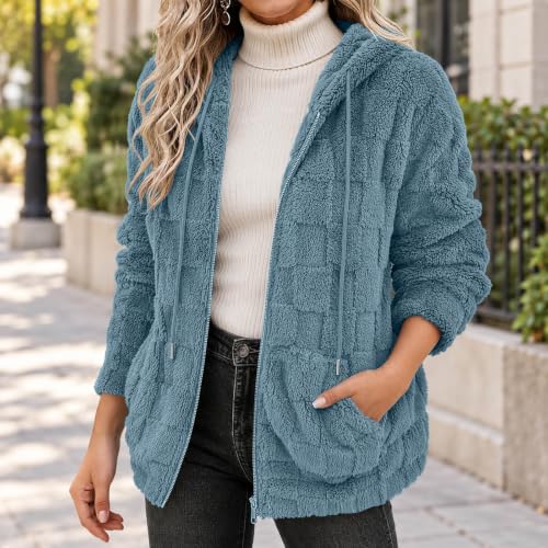 XOGWVJ Womens Fleece Jacket Hooded Sherpa Zip Up Textured Long Sleeve Fuzzy Coat Jackets Casual Fall Winter Outerwear Jackets for Women Lightweight Blue S - image 8