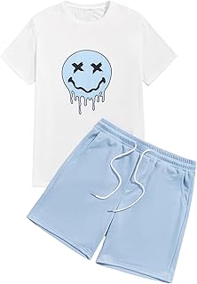 ROMWE Men's 2 Piece Outfits Graphic Print Fashion Summer Short Sleeve Round Neck Shirt and Shorts Set