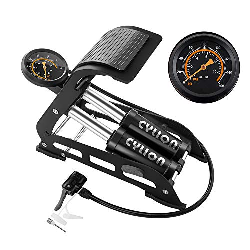 Double Cylinder Bike Foot Pump Portable Floor Air Inflator Pump with 160 PSI Pressure Gauge for Bicycle Motorcycle Car Basketball Inflatables, Fits Presta & Schrader Valve