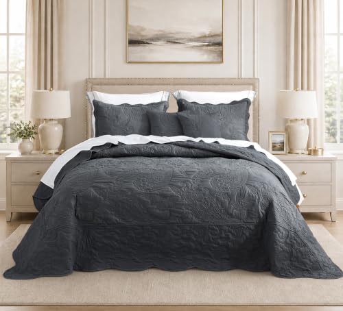 Image of HZ & HY Oversized Queen Bedspreads, Stitched Paisley, Dark Grey