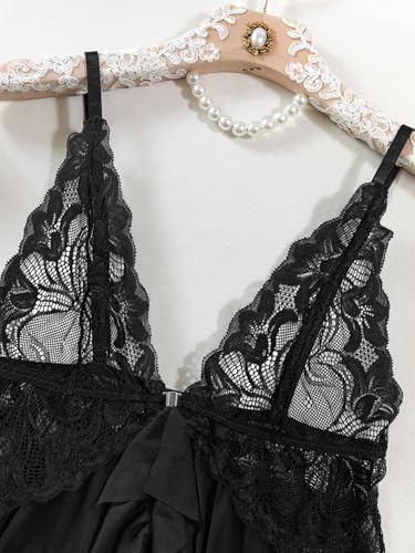 Image of Foxiny Sexy Open Front V Neck Ruffle Sheer Mesh Lace Wireless Babydoll Lingerie Dress with Thong 2 Piece