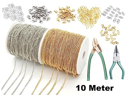 Image of CRAFTS HAVELI Jewelry Making DIY Necklace & Bracelet Supplies - 10 Mtr Silver & Golden Link Chains, Jump Rings, Lobster Clasps, Cutter, Silver & Golden Nose Pliers, S Hook - Complete Crafting Kit