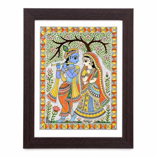 Image of PAPER PAJAMA Radha Krishna Wall Art for Living Room | Madhubani Mithila Folk Painting | Traditional Indian Devotional Artwork Framed Home Decor for Bedroom, Office & Temple (10x13 Inches)