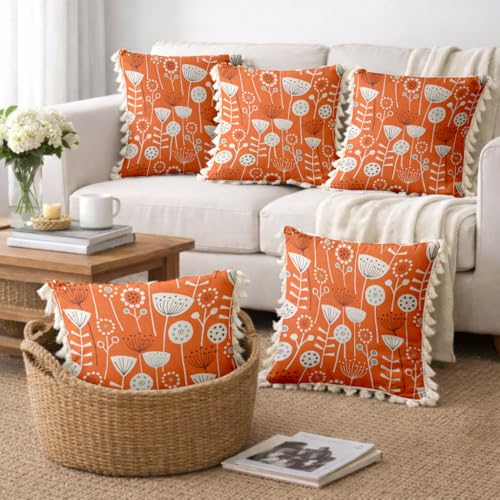 Image of STITCHNEST 'Little Meadow Series' Tassled Cushion Cover | Set of 5 | Floral Cushion Cover 16 inch x 16 inch