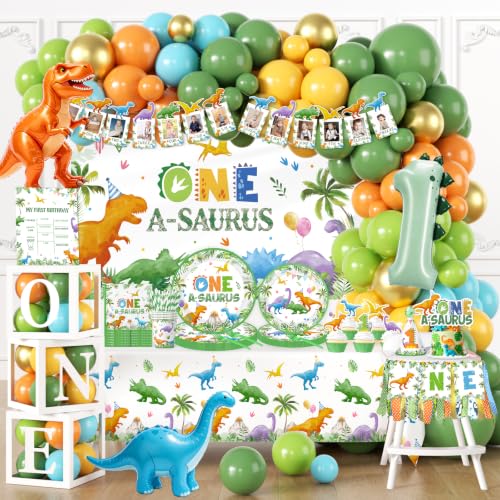 One a Saurus Birthday Decorations - 271Pcs Dinosaur Themed Party Supplies with Tableware Balloon Arch Garland Backdrop Banner Cake Topper 1st Birthday Decorations Boy