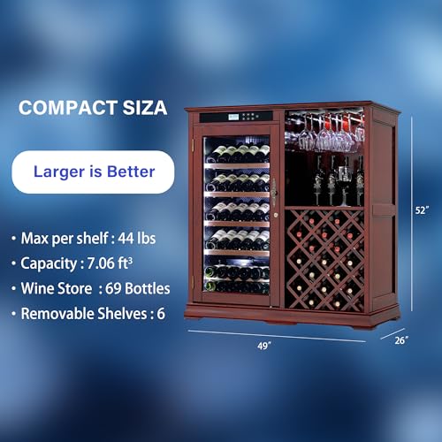 Image of KEIKI Freestanding Wine Refrigerator with Wood Cabinet, 69 Bottle Single Zone Wine Cooler, Humidity Control Tempered Glass Door, LED Light Lockable Pull-Out Shelves, for Home Bar Kitchen, Cherry