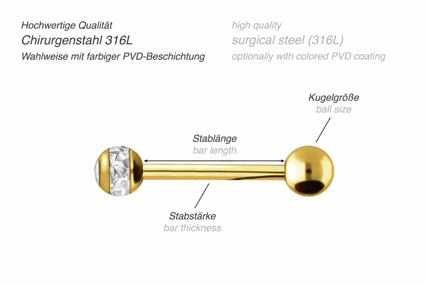 PIERCINGLINE Chirurgenstahl Barbell | EPOXYRING KUGEL + KRISTALL | Piercing Stab Brust Zunge | Farb- & Größenauswahl