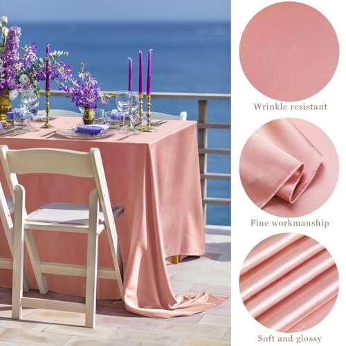 Image of TURSTIN 1 Pack Rose Gold Satin Tablecloth 102 x 58 Inch Overlay Satin Table Cover Rectangle Bright Silk Tablecloth Smooth Fabric Table Decoration for Wedding Banquet Party Events