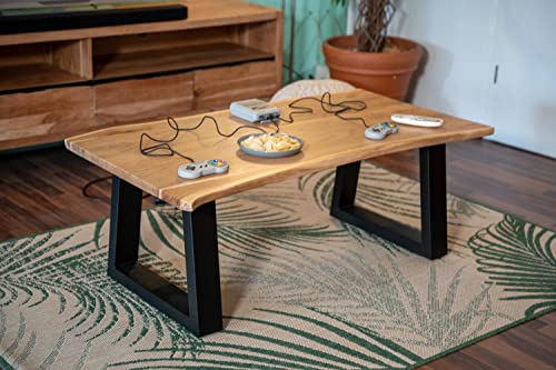 SAM Couchtisch April, Akazienholz naturfarben, massiver Sofatisch, echte Baumkante, Metallgestell in Trapez-Form Schwarz, Beistelltisch 115x60x40 cm