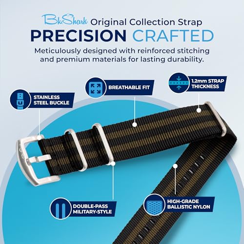 Image of BluShark - Original Collection Military-Style Waterproof Watch Strap, Fits All Timepiece Brands, Durable Nylon Wristwatch Accessories with Stainless Steel Buckle - 18mm, 20mm, 22mm & 24mm Watch Bands