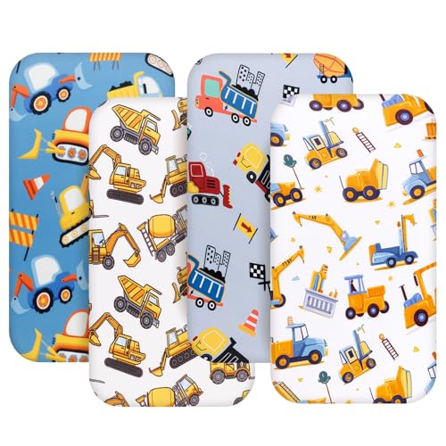 Image of 4 Pack Baby Boy Bassinet Sheets Set Soft Fitted Baby Boy Mattress Covers Construction Truck or Dinosaur Theme Breathable Toddler Sheets for Infant Boys (Construction Truck, Bassinet Sheets)