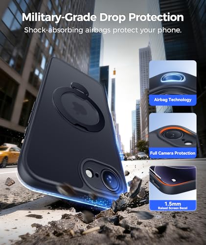 Image of FNTCASE for iPhone 17e Case: iPhone 16e Phone Case [360 Spin Magnetic Stand] [Compatible with Magsafe] [Screen Protector] Translucent Matte Military Grade Shockproof Protective Phone Cover Black