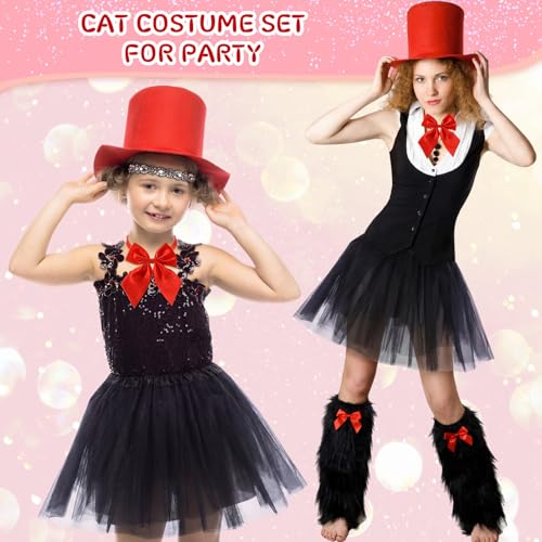 6 Pcs Cat Costume Accessory Set for Women Including Tall Hat, Tutu Skirt, Red Bowtie, Self Adhesive Satin Bows Furry Leg Warmers for Halloween, 100th Day of School Parties by Maiteenly - Used condition - Image 4