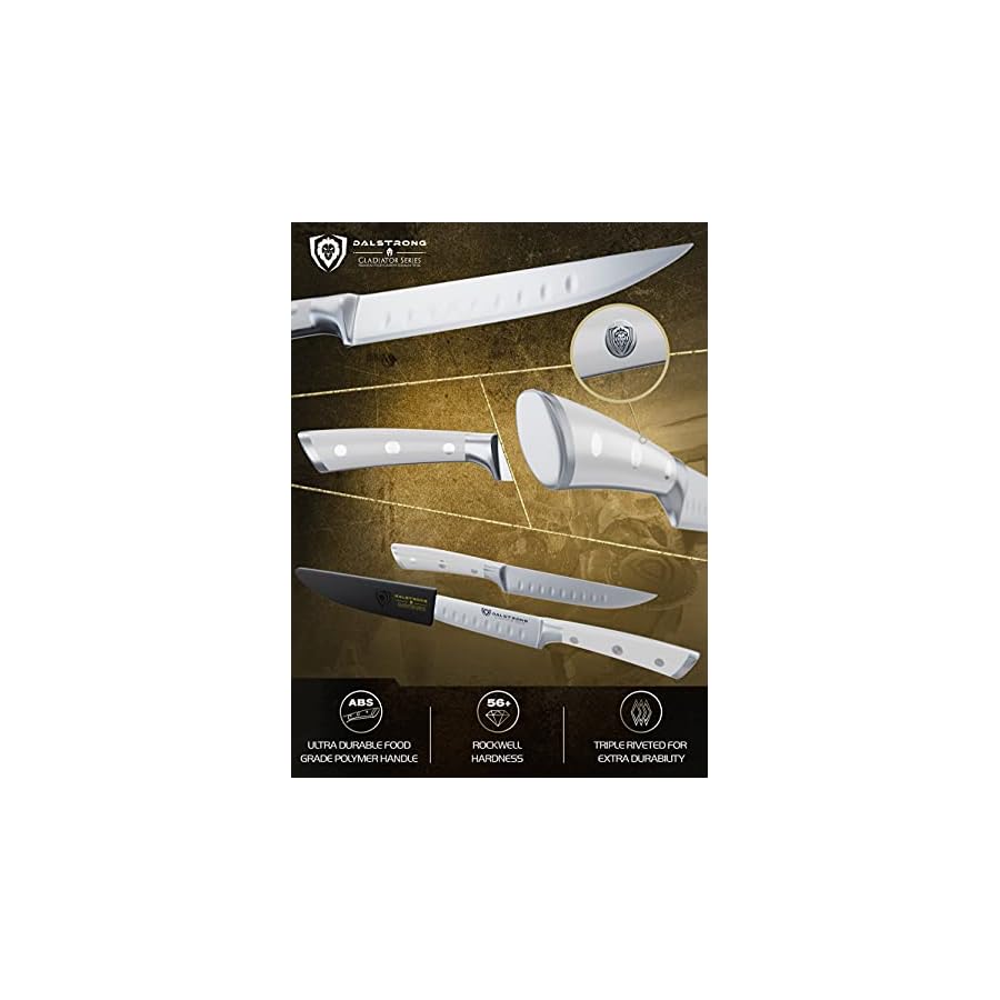 Dalstrong-Steak-Knives-Set-of-4-5-Straight-Blade-Edge-Gladiator-Series-Forged-German-High-Carbon-Steel-wSheaths-Glacial-White-ABS-Handle-NSF-Certified Dalstrong Steak Knife Set-4-5 Straight Blade Edge-Gladiator Series-Forged German High-Carbon Steel-w/Sheaths-Glacial White ABS Handle-Dinner Set Kitchen Knives