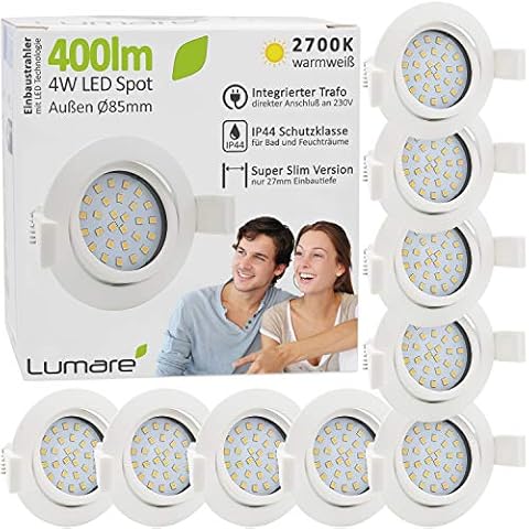 Lumare LED Recessed Spotlight 4W | Ultra Shallow, 27mm mounting Depth | Ø68mm Drill Hole Diameter | Spot Living Room, Bathroom | Recessed Light White Round | 230V | IP44 | Warm White 2700K | Set of 9 Cover