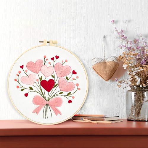 Image of Heart Flower Embroidery Kits for Beginners Adults, Pink Embroidery Starter Kits, Counted Cross Stitch Kits for Adults Anniversary Valentine's Day Gift, Embroidery Hoops, Fabric Thread & Video Tutorial