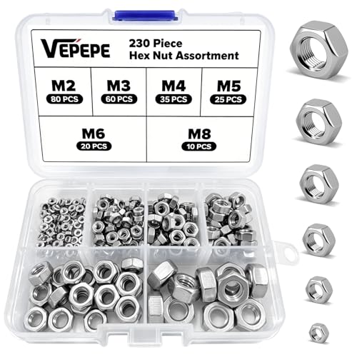 230 Stück Sechskantmuttern M2 M3 M4 M5 M6 M8 Sechskant Muttern Sortiment Sicherungsmuttern Edelstahl Hardware Mütter Sechskant Set mit Kunststoffbox für Möbel Fahrzeugreparatur Maschinenindustrie