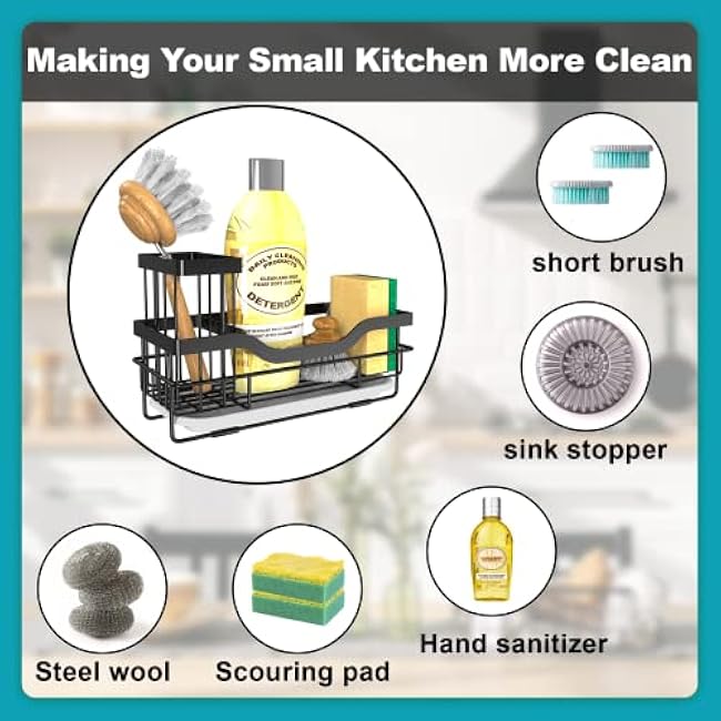 Sponge Holder for Kitchen Caddy Sink Organizer, Multifunctional Rustproof Dish Soap Sponge Caddy for Kitchen Sink Counter with Detachable Brush Holder & Drain Tray - Storage Kitchen & Home Accessories
