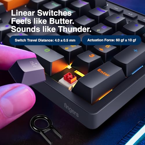 Image of FINGERS Macho-MK1 Wired Mechanical Gaming Keyboard, Black + Orange | Full-Size 104 Keys, Linear Switches, 17 RGB Modes, Multi-Function Knob, 26 Anti-Ghosting Keys