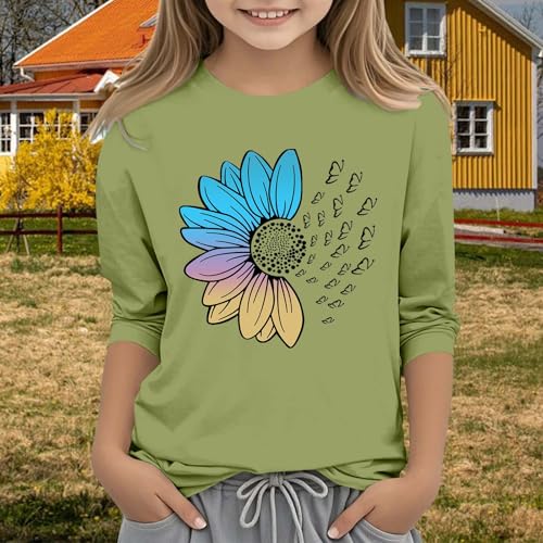 Youth Kids Girls 3/4 Sleeve T Shirt Crewneck Cute Cotton Shirts Casual Colorful Print Blouses Casual T3