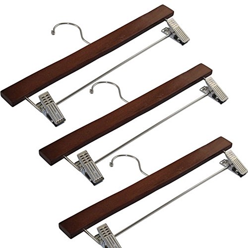 FireKingdom 3pcs Beautiful Dark Cherry Finish Adult Size Solid Wood Wooden Hangers with Polished Chrome Hook Clamp for Clothes Trousers Pants Skirts
