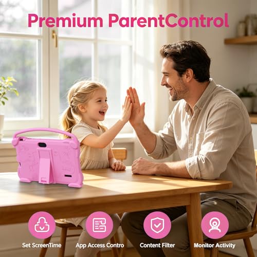Image of Kids 7 inch Android 12 Tablet - 4GB RAM, 32GB ROM, 1TB Expandable, Toddler Shockproof Case, Parental Control, 1024 * 600 IPS Screen, 3000mAh Battery, Educational & Games, Pink