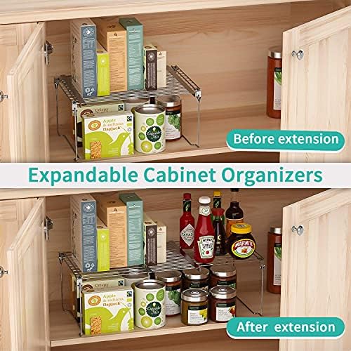 HapiRm Cupboard Organiser Kitchen Cupboard Organiser, Expandable Kitchen Shelf Organiser for Kitchen, Bathroom, Stainless Steel Cupboard Tidy for Cabinets, Countertops, Non-slip, Silver
