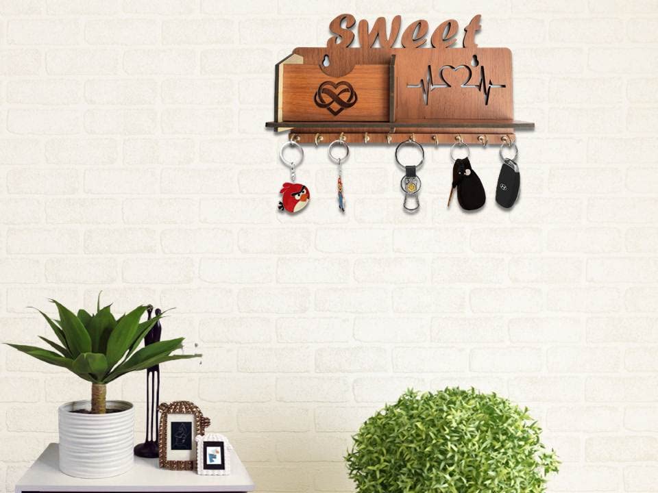 Image of Sweet Heart Beat Key Holder Wooden Side Shelf Key Holder for Home and Kitchen Matte Finish Mobile Charger Stand Key Organizer for Decor Office, Living Room, Hall Great Gift Item