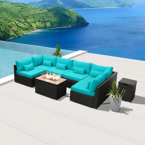 Sunpeak Fire Table Set Sectional Outdoor Furniture Propane Firepit Dark Brown Rattan Multi Colors Outdoor Sofa Set (Turquoise Rectangular Table) #TOP3