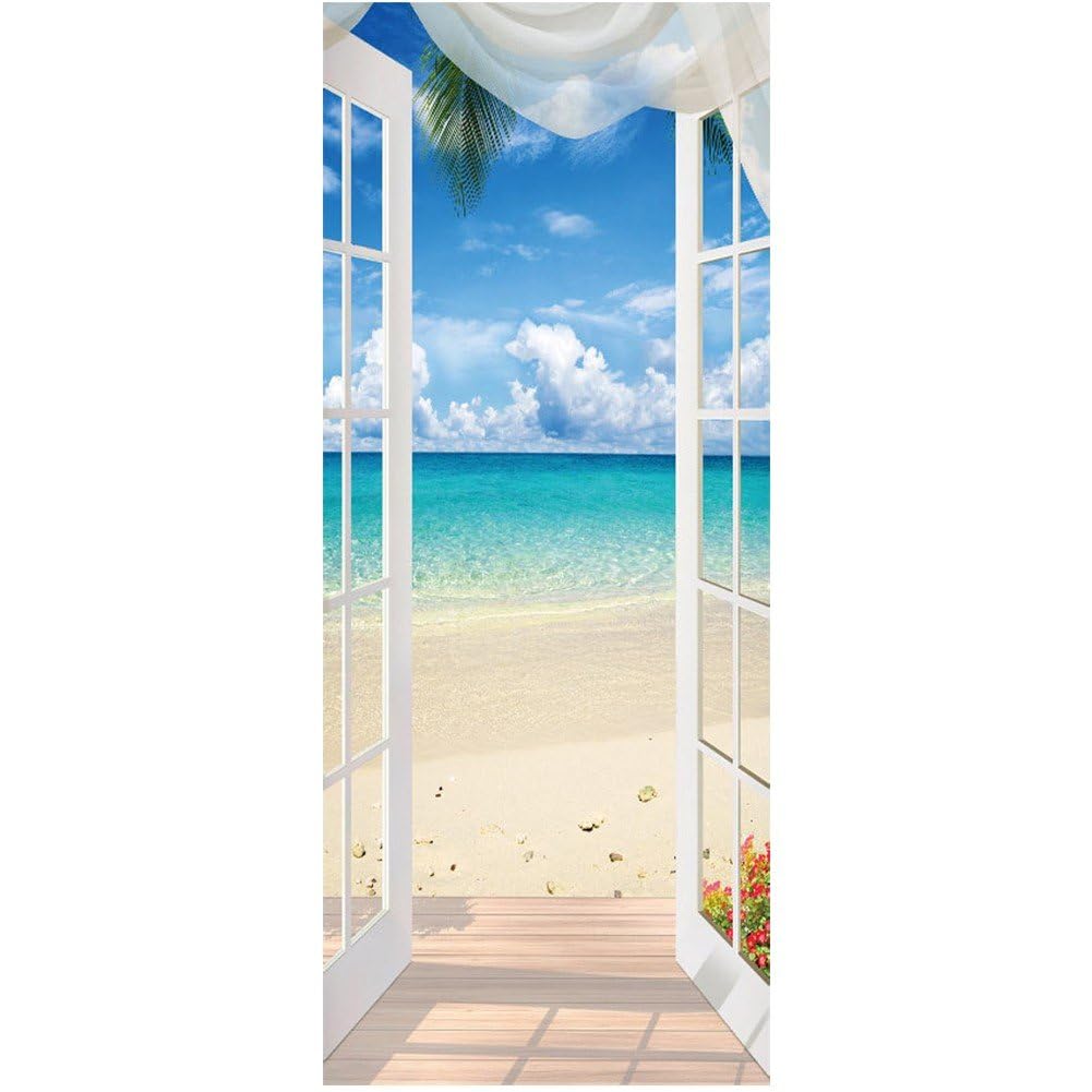 Luxylei 3d Door Mural Sticker for Interior Doors, Sea View Beach 3d Door Mural Sticker Self Adhesive Summer Landscape Door Sticker