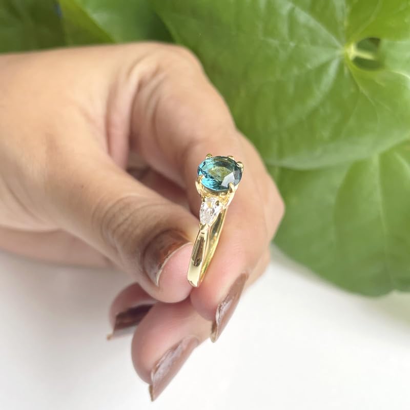 Miniatura 7 de Round & Pear Cut London Blue Topaz And White Diamond 3 Stone Engagement Ring, 14k Yellow Gold Finish Ladies Bridal Three Stone Propose Ring, Topaz &