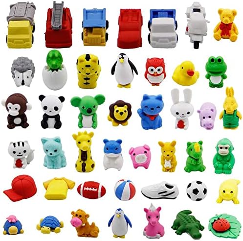 Cllayees 72 Pcs Assorted Animal Pencil Erasers Toy Set, Car Puzzle Erasers Toys for Kids Reward Party Favors (Animal and Car)