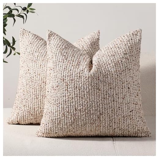 Striped Throw Pillow Covers 18x18 Set of 2 Beige Textured Boucle Chic Morden Boho Accent Farmhouse Square Decorative Couch Pillow Covers for Home Decor Bed Sofa Living Room