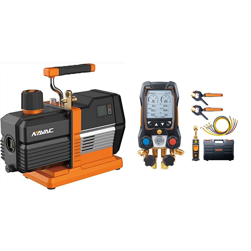 NAVAC NRP8Di Master Series Vacuum Pump, 8 cfm, Dual-Stage, 15 Microns, Built-in Micron Gauge & Testo 557s Kit I App Operated Digital Manifold, 2 x testo 115i Pipe Clamp Thermometer
