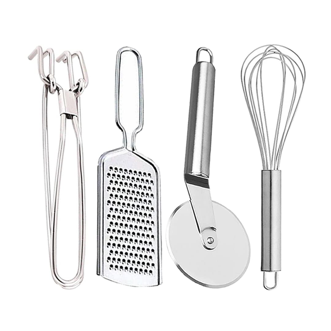 Oc9 Stainless Steel Pakkad/Utility Tong & Cheese Grater/Coconut Grater & Pizza Cutter & Egg Whisk Egg Beater for Kitchen Tool Set