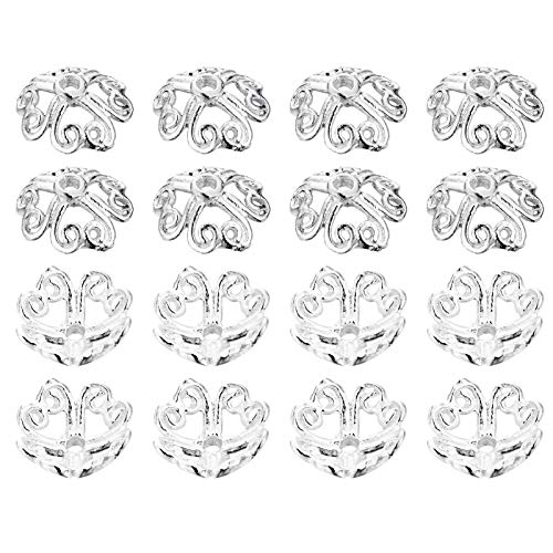 HooAMI 925 Sterling Silver Heart Filigree Flower Shape Bead Caps for Jewelry Making 10pcs,8mm