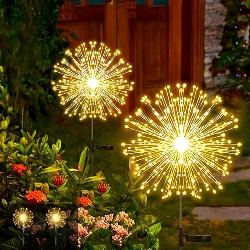 Micacorn Luces Solares Exterior Jardin, 2 Piezas Solares Fuegos Artificiales Luces 300 LEDs Impermeables 8 Modos Luces Solares al Aire Libre Starburst para Home Jardín Césped Boda Fiesta Navidad