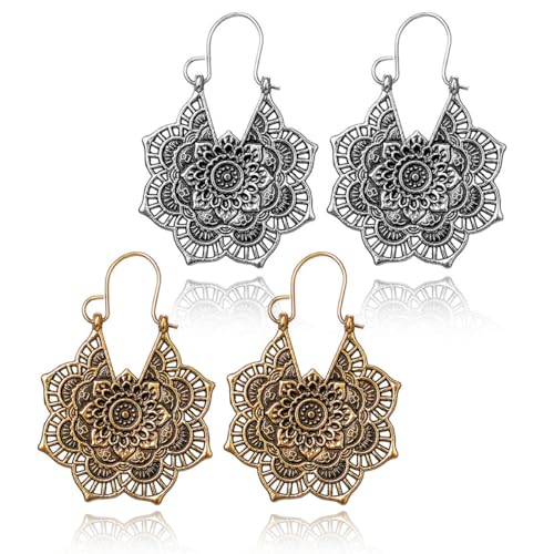 HZAOPZE 2 Pares Adorno de Mandala-Pendientes con diseño de Flor de Mandala, Pendientes Tribales, Pendientes de Gota de Oro, Pendientes de aro étnicos Vintage para niñas y Mujeres(Oro y Plata)