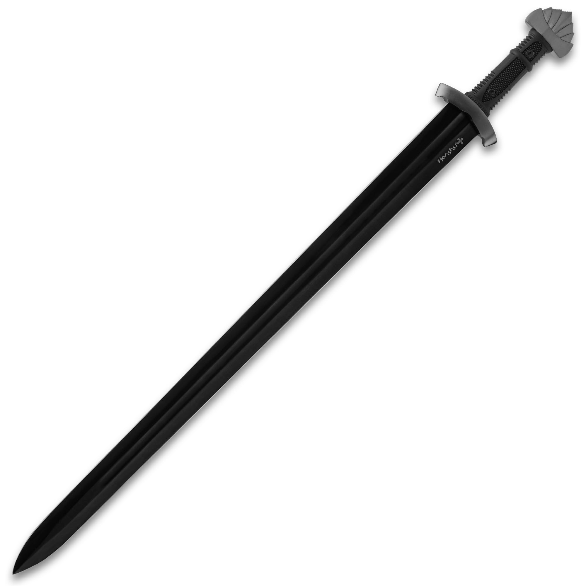 Midnight Forge Viking Sword | Carbon Steel Blade | Sleek Black Finish | TPR Handle for Comfortable Grip | Wooden Scabbard and Leather Frog Included | 38 1/2" Overall