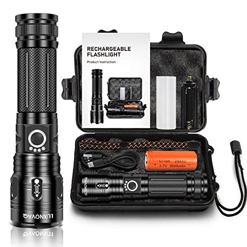 LUXNOVAQ Lampe torche LED rechargeable,lampe de poche LED puissante26000 lumens,lampes de poche tactiques,torches XHP70 LED super lumineuses,5 modes,lampe torche de réglable étanche pour la randonnée