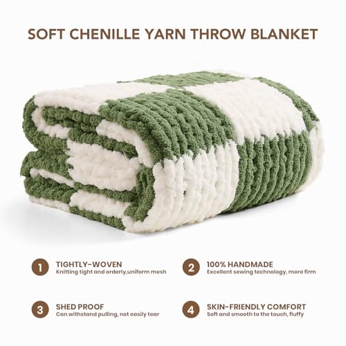 L'AGRATY Chunky Knit Blanket Throw: 60''x80'' Chenille Chunky Knitted Throw Blankets for Twin Bed Couch - Handmade Thick Cable Knit Blanket - Large Crochet Blankets for Home Decor(Green Checkered)