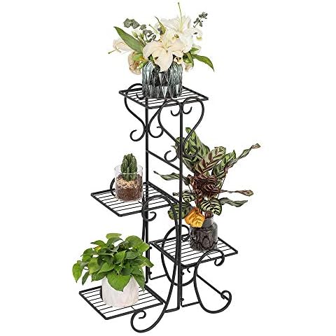 Gomyhom Metal Plant Stand Flower Holder Racks Indoor 4 Tier Shelves Patio Stand Holder Outdoor Displaying Plants Flowers (Black- Square) Cover