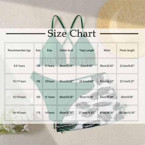 Girls 3 Piece Swimsuit Tropical Print Bikini with Drawstring Beach Skirt Cute Ruched Bathing Suit 6-14Y4